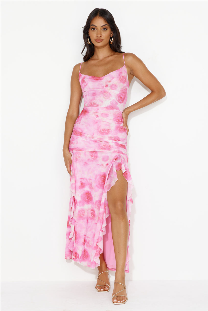Dj's Music Mesh Frill Maxi Dress Pink