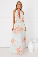 Dreamy Petals Halter Maxi Dress Blue