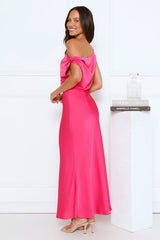 Late Night Luxe Off Shoulder Satin Maxi Dress Pink