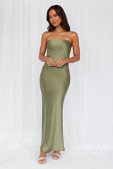 The Felicity Strapless Satin Maxi Dress Olive