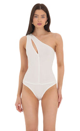 One Shoulder Keyhole Bodysuit in White