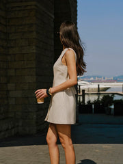 Linen Blend Button-Front Dress With Pockets