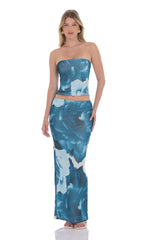 Strapless Floral Mesh Two Piece Set in Blue