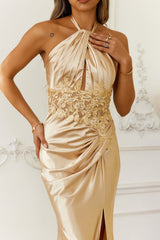 Frosted Glimmer Satin Halter Maxi Dress Gold