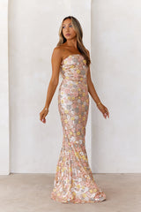 Golden Spark Sequin Strapless Maxi Dress Multi
