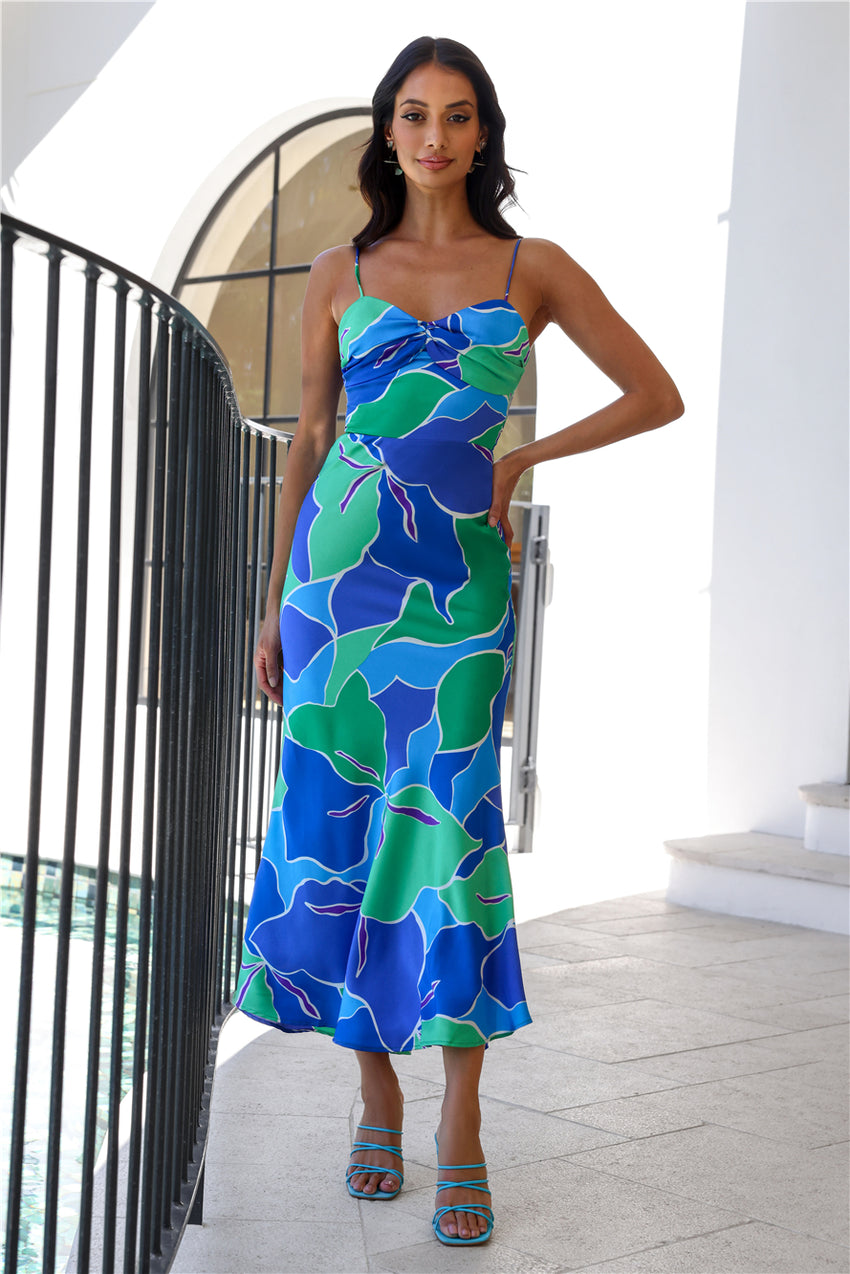 Patch Up Satin Maxi Dress Blue