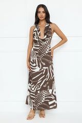 Caribbean Love Satin Halter Maxi Dress Brown