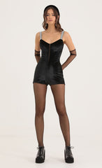 Velvet Shimmer Hook and Eye Romper in Black