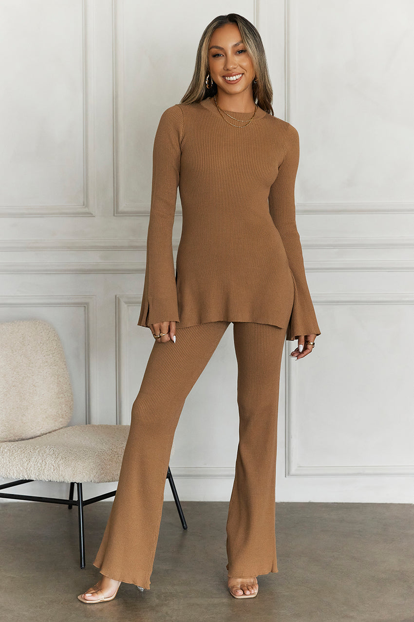 Cosy Holidays Long Sleeve Ribbed Top Brown