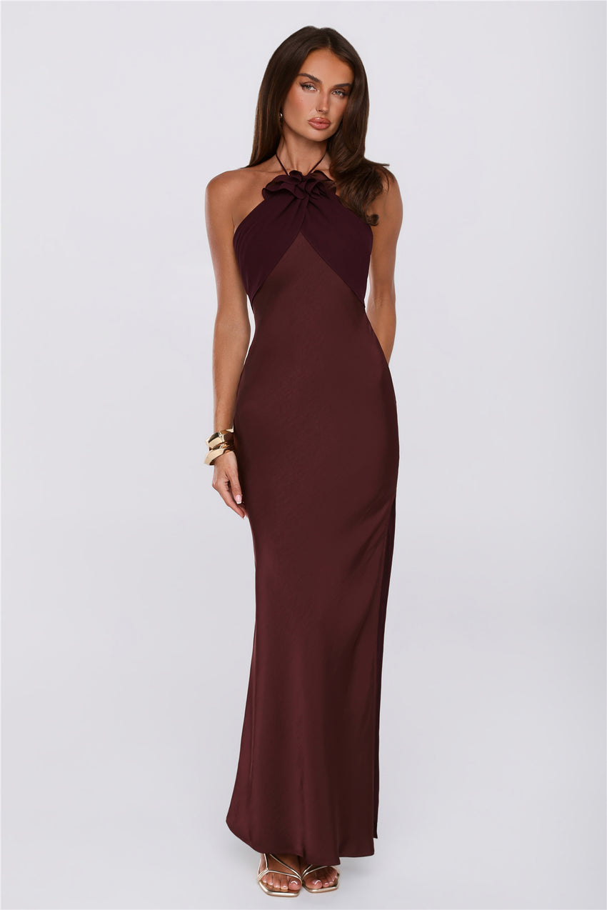 Irresistibly Sleek Halter Satin Maxi Dress Brown