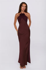Irresistibly Sleek Halter Satin Maxi Dress Brown