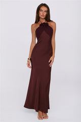 Irresistibly Sleek Halter Satin Maxi Dress Brown